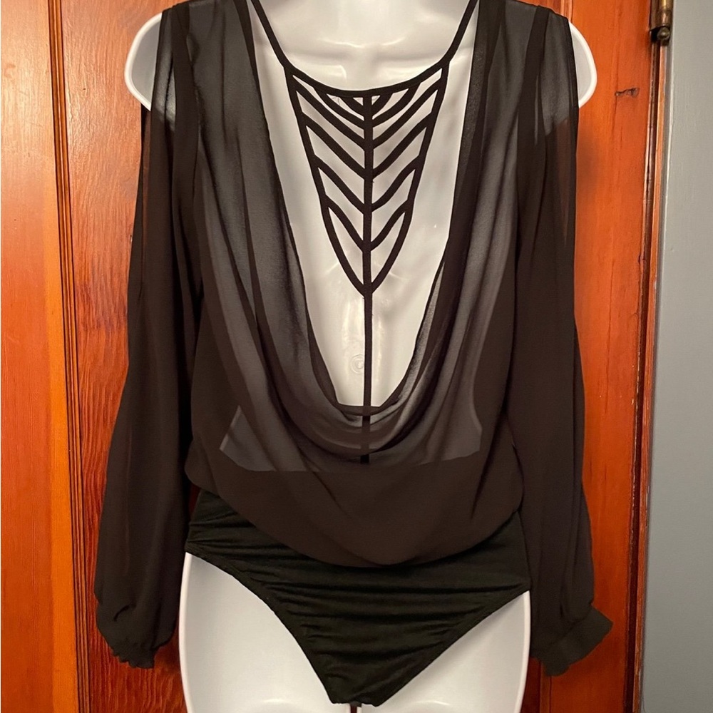🖤 Sheer Black Backless Bodysuit with Draped Cutout Back & Open Long Sleeves